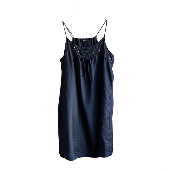 Eileen Fisher 100% Silk Navy Blue Sequin Dress Size M Petite Strappy Knee Length - Picture 1 of 7